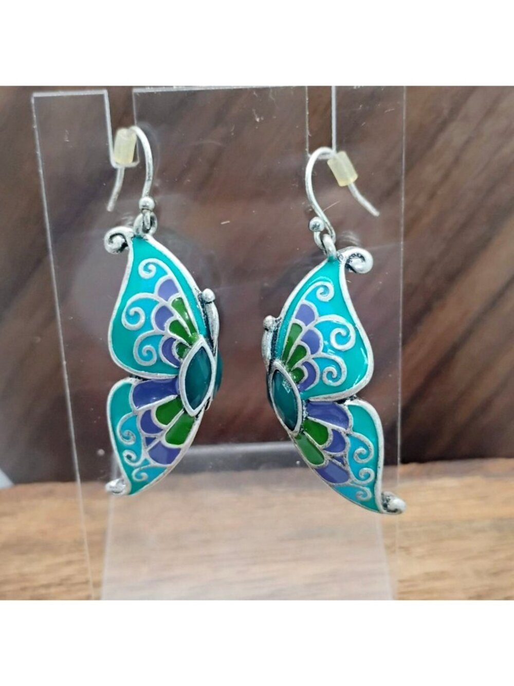 Double Sided Enamel Butterfly Wing Earrings Blue Purple Green Silver 1.5" Long